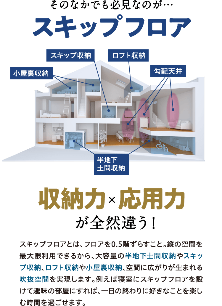 そのなかでも必見なのが…スキップフロア　収納力×応用力が全然違う！